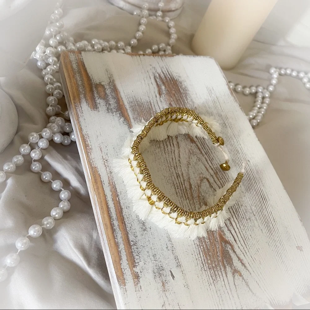 Boho White Ankle Bracelet with Antique Gold Finish